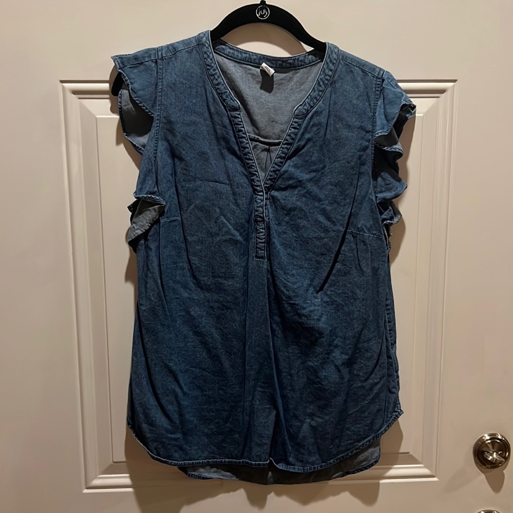 Of Navy denim short sleeve ruffle shirt